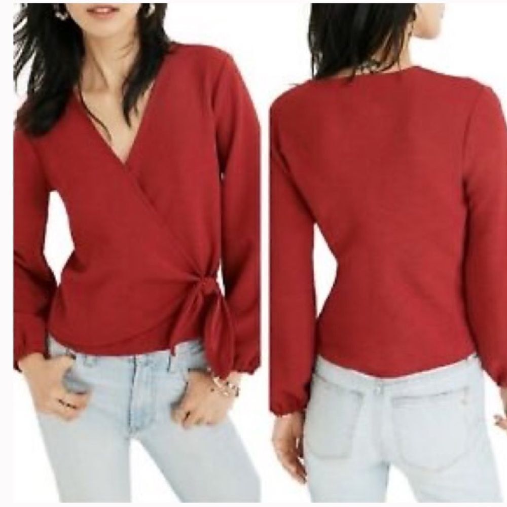 MADEWELL TEXTURE & THREAD Red Crepe Wrap Side Tie Top-XS